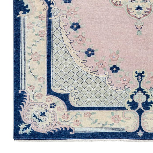 Hand-Knotted Wool Rug in Soft Blush Pink & Navy with Elegant Floral Medallion Design