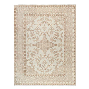 Classic Hand-Knotted Wool Area Rug with Delicate Floral Motifs in Warm Neutral Tones