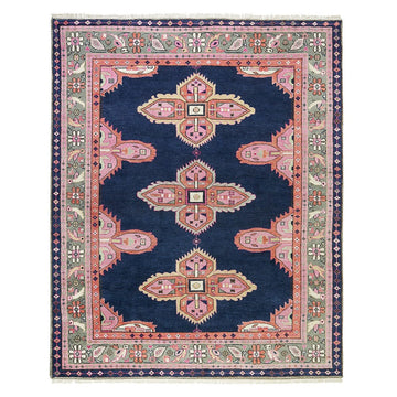 Hand-Knotted Kismet Wool Area Rug with Geometric Medallions in Navy Blue, Rose & Sage Tones