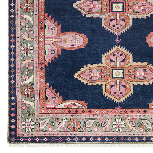 Hand-Knotted Kismet Wool Area Rug with Geometric Medallions in Navy Blue, Rose & Sage Tones