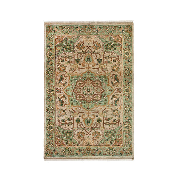 Hand-Knotted Wool Rug in Sage Green & Beige with Traditional Medallion Design
