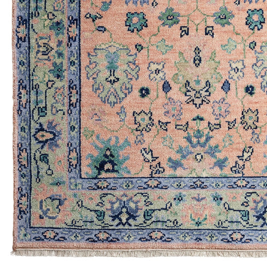 Vintage Style Hand-Knotted Wool Rug in Pink, Blue & Green with Ornate Border Design