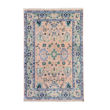 Vintage Style Hand-Knotted Wool Rug in Pink, Blue & Green with Ornate Border Design