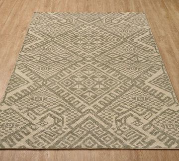 Fez Hand-Knotted Wool Rug in Soft Green & Ivory with Geometric Tribal Pattern