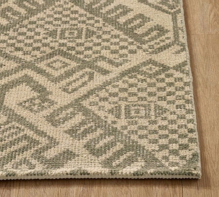 Fez Hand-Knotted Wool Rug in Soft Green & Ivory with Geometric Tribal Pattern