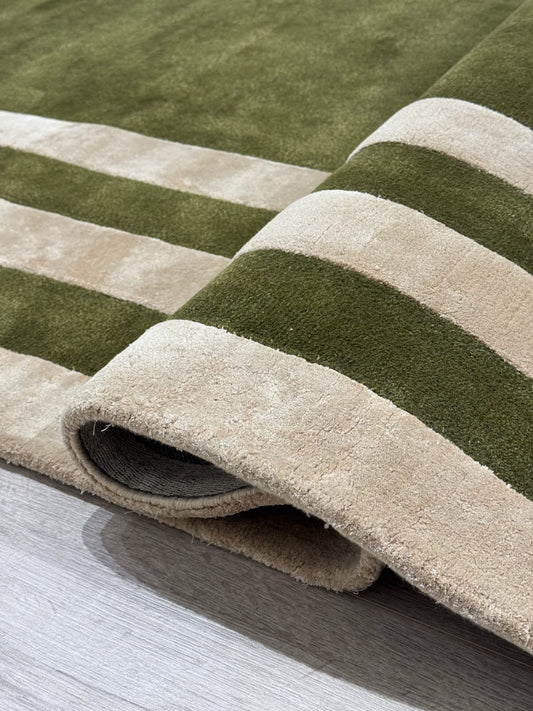 Modern Geometric Border Hand-Tufted Monaco Moss Wool Area Rug with Rounded Frame Design