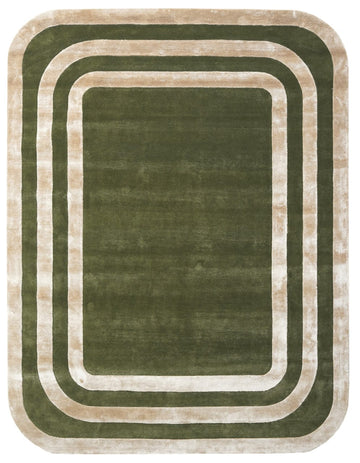 Modern Geometric Border Hand-Tufted Monaco Moss Wool Area Rug with Rounded Frame Design