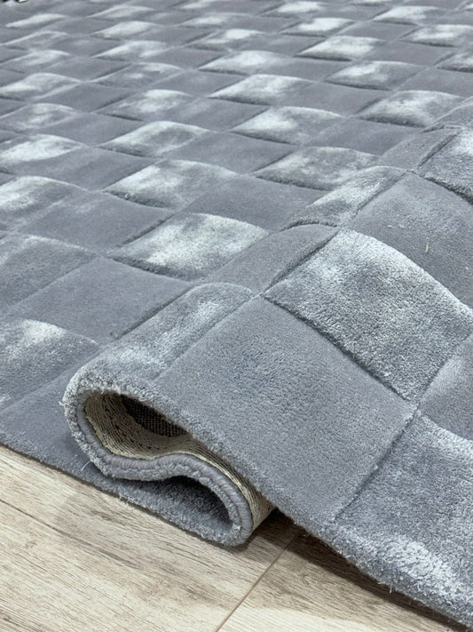 Luxury Hand-Tufted Vicenza Sky Wool Rug with Textured Square Weave Effect