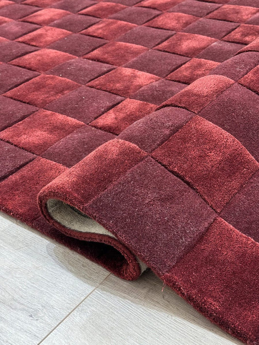 Modern Hand-Tufted  Vicenza Garnet Wool  Rug with Tonal Checkerboard Texture