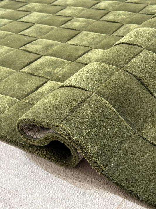 Modern Hand-Tufted Wool Vicenza Moss Rug with Tonal Checkerboard Pattern