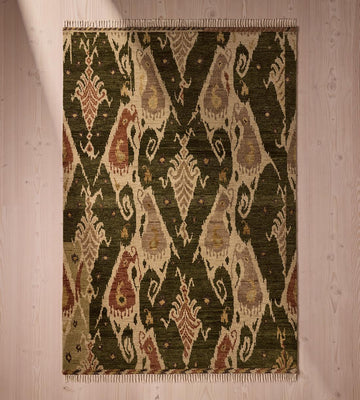 Thayer Hand-Knotted Wool Rug in Deep Green & Ivory with Ikat-Inspired Pattern