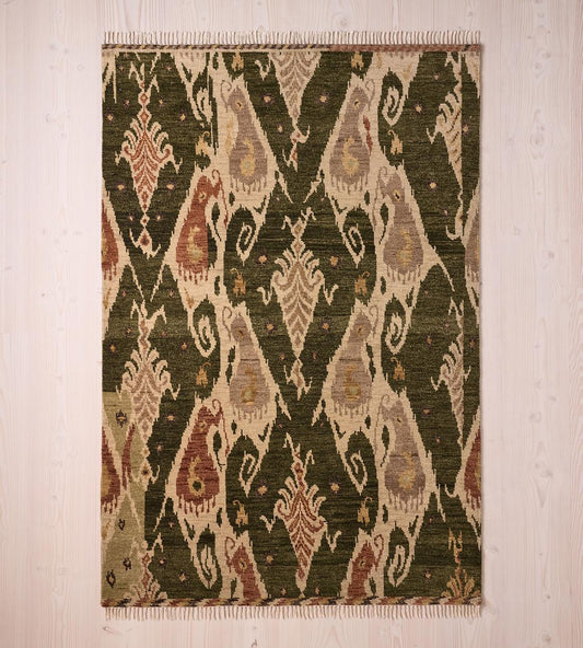 Thayer Hand-Knotted Wool Rug in Deep Green & Ivory with Ikat-Inspired Pattern