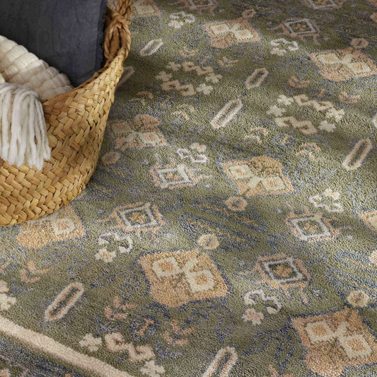 Evelyn Hand-Knotted Wool Rug with Soft Geometric Motifs in Sage Green & Neutral Tones