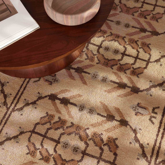 Astrid Hand-Knotted Wool Rug in Ivory and Taupe with All-Over Tribal Bird Design