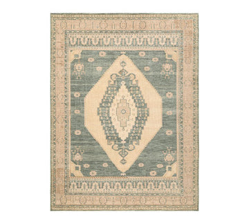 Hand-Knotted Wool Area Rug – Ellery Traditional Medallion Pattern in Soft Green Tones
