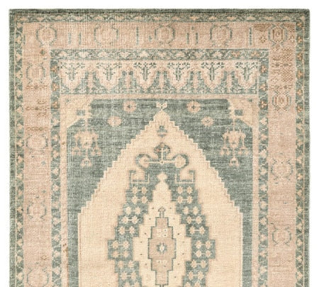 Hand-Knotted Wool Area Rug – Ellery Traditional Medallion Pattern in Soft Green Tones