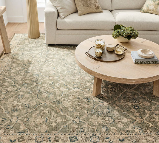 Lea Hand-Knotted Wool Rug with Soft Lattice Pattern in Sage Green and Ivory