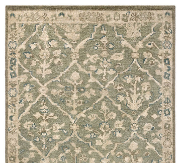 Lea Hand-Knotted Wool Rug with Soft Lattice Pattern in Sage Green and Ivory
