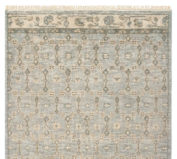 Lydia Hand-Knotted Wool Rug with Soft Tribal Pattern in Blue Grey and Ivory