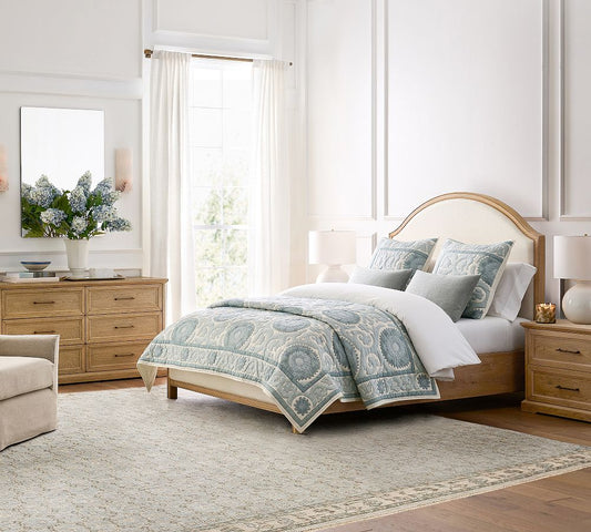 Lydia Hand-Knotted Wool Rug with Soft Tribal Pattern in Blue Grey and Ivory