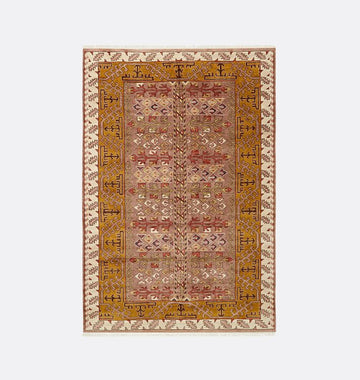 Muir Hand-Knotted Wool Area Rug in Warm Ochre & Rose with Tribal Motifs