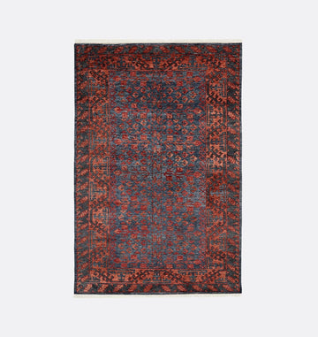 Hand-Knotted Wool Rug – Muir Vintage Tribal Pattern in Deep Blue & Burnt Rust
