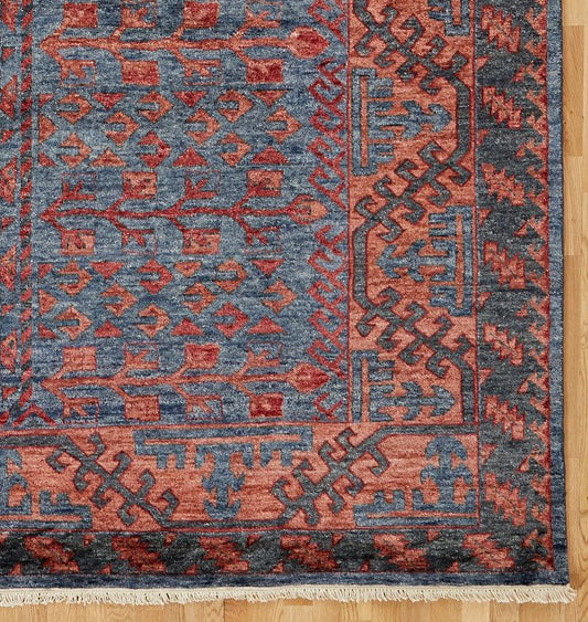 Hand-Knotted Wool Rug – Muir Vintage Tribal Pattern in Deep Blue & Burnt Rust