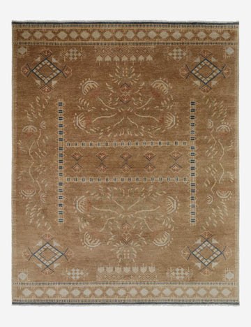 Theda Hand-Knotted Wool Area Rug in Warm Earth Tones with Geometric Accents
