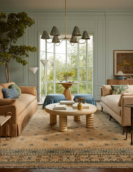 Hand-Knotted Wool Rug – Hirsh Traditional Pattern in Beige and Muted Blue Tones