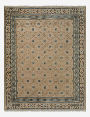 Hand-Knotted Wool Rug – Hirsh Traditional Pattern in Beige and Muted Blue Tones