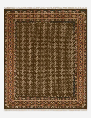 Manca Hand-Knotted Wool Area Rug in Olive Brown with Tribal Border