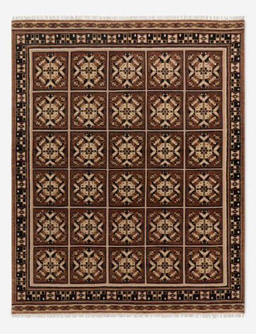 Hand-Knotted Wool Rug – Ovidi Geometric Panel Pattern in Earthy Brown Tones