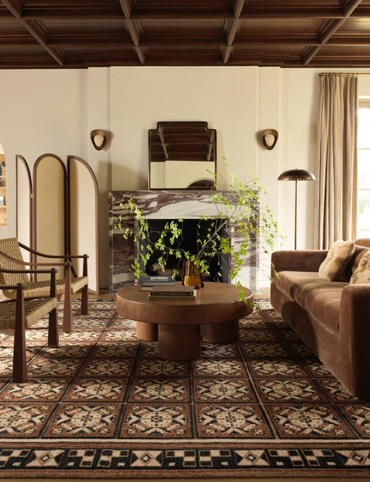 Hand-Knotted Wool Rug – Ovidi Geometric Panel Pattern in Earthy Brown Tones
