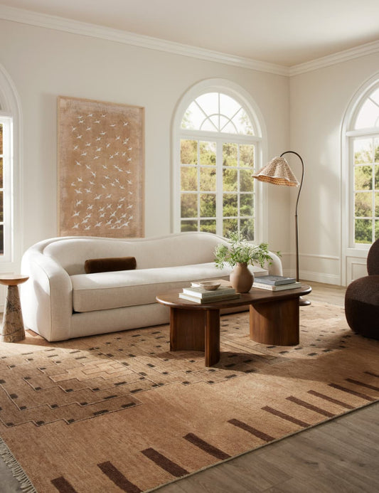 Saffron Hand-Knotted Wool Area Rug in Warm Beige with Architectural Tribal Design