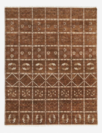 Baz Hand-Knotted Wool Area Rug in Brown with Tribal Checkered Design