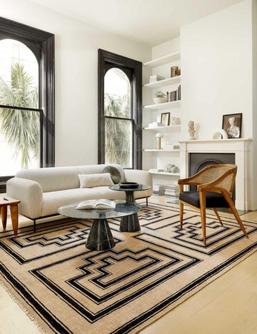 Senna Hand-Knotted Wool Area Rug in Ivory & Black with Modern Tribal Design