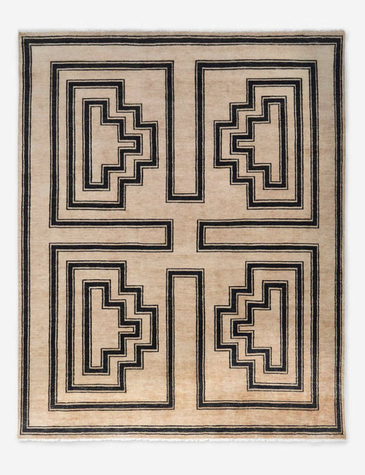 Senna Hand-Knotted Wool Area Rug in Ivory & Black with Modern Tribal Design