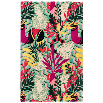 Classical Sculpture & Botanical Motif Hand-Tufted Wool Area Rug with Bold Graphic Design