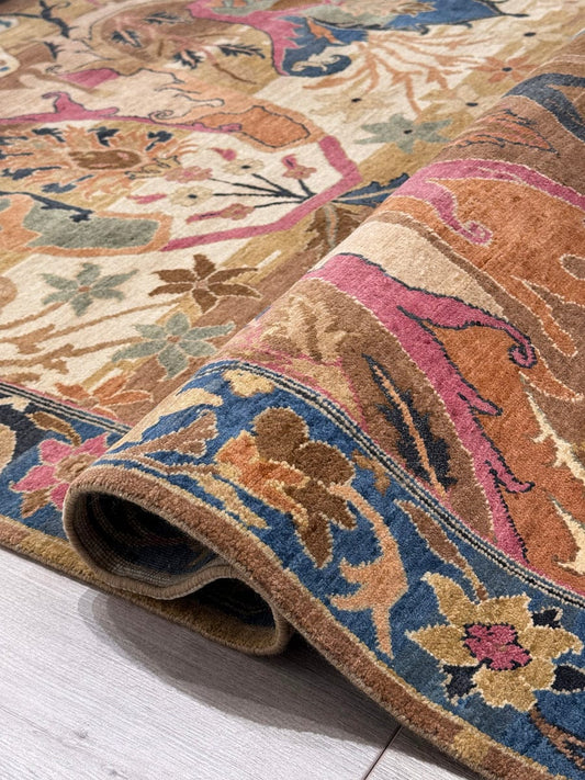 Moghul Hand-Knotted Wool Rug with Royal Floral Motifs