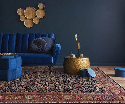 Herati Hand-Knotted Wool Area Rug in Deep Navy and Rust Tones