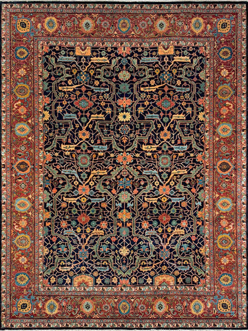 Herati Hand-Knotted Wool Area Rug in Deep Navy and Rust Tones