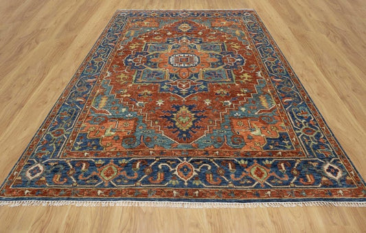 Serapi Style Hand-Knotted Wool Area Rug in Rich Blue & Rust Tones