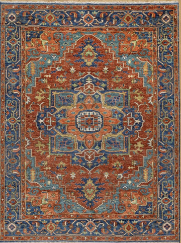 Serapi Style Hand-Knotted Wool Area Rug in Rich Blue & Rust Tones