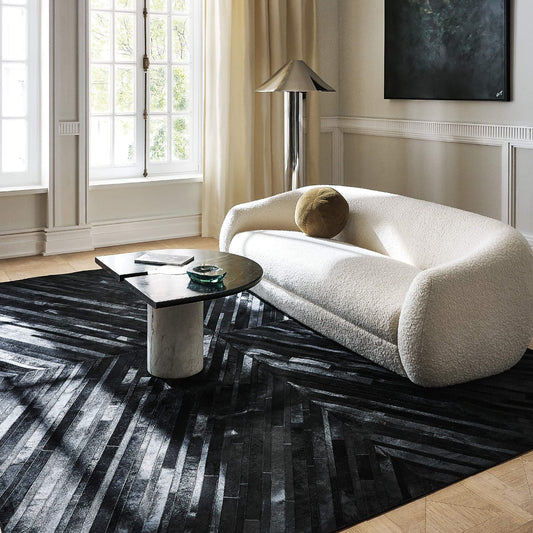 Modern Naho Patchwork Black Cowhide Leather Rug for Bedroom & Office