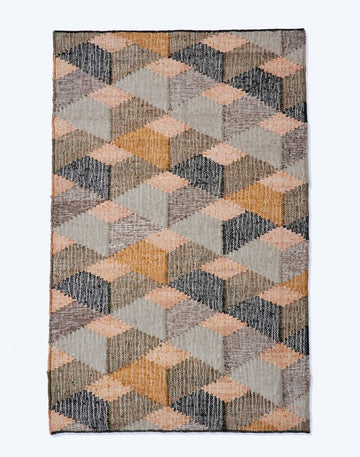 Modern Handwoven Jute Rug – Flatweave Geometric Design in Beige, Grey & Peach