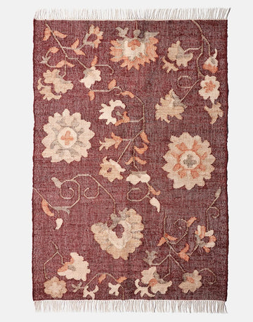 Artisan Handwoven Jute Rug – Floral Flatweave Design in Burgundy & Neutral Shades