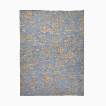 Handwoven Jute Flatweave Rug – Floral Traditional Pattern in Blue & Natural Tones