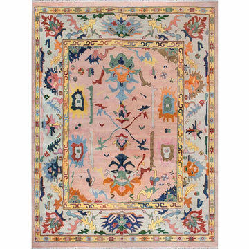 Hand Knotted Pink Traditional Wool Rug with Colorful Tribal Design