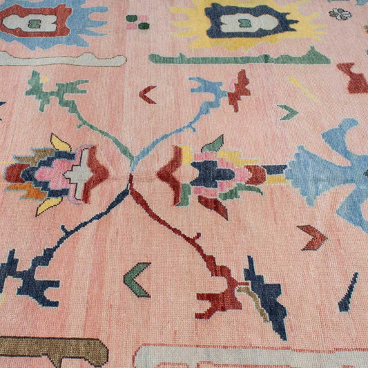 Hand Knotted Pink Traditional Wool Rug with Colorful Tribal Design