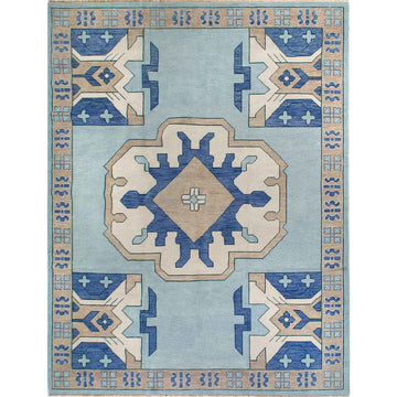 Hand Knotted Sky Blue Wool Area Rug with Geometric Motifs